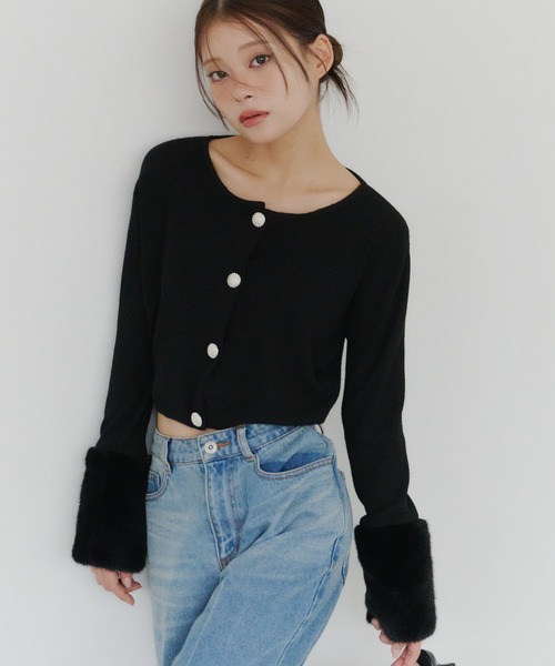 セール】袖ファー パールボタン付き ニットカーディガン【セットアップ