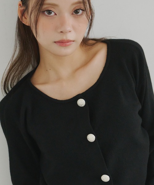 袖ファー パールボタン付き ニットカーディガン【セットアップ対応