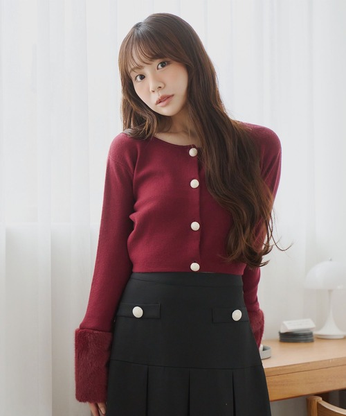 セール】袖ファー パールボタン付き ニットカーディガン【セットアップ