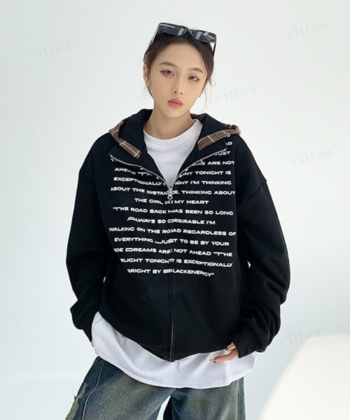 Dalfwin(ダールフィン)の「韓国ファッション チェック柄フード英字プリントジップアップ スウェットパーカー(パーカー・レディース・ネイビー/ブラック・FREE)」の3枚目の写真