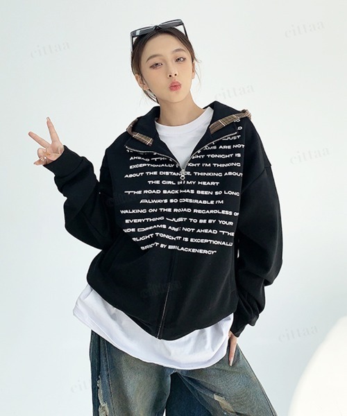 Dalfwin(ダールフィン)の「韓国ファッション チェック柄フード英字プリントジップアップ スウェットパーカー(パーカー・レディース・ネイビー/ブラック・FREE)」の4枚目の写真