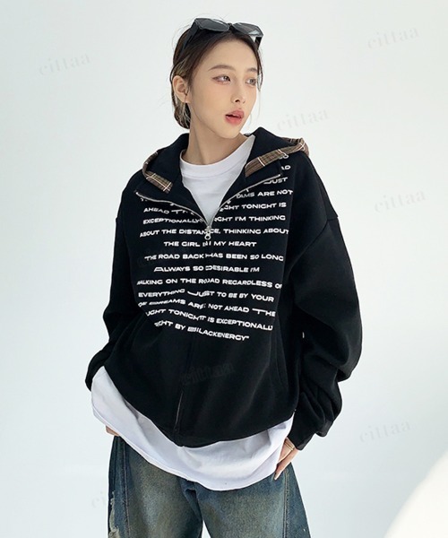 Dalfwin(ダールフィン)の「韓国ファッション チェック柄フード英字プリントジップアップ スウェットパーカー(パーカー・レディース・ネイビー/ブラック・FREE)」の5枚目の写真