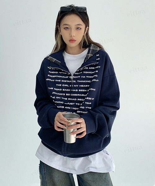 Dalfwin(ダールフィン)の「韓国ファッション チェック柄フード英字プリントジップアップ スウェットパーカー(パーカー・レディース・ネイビー/ブラック・FREE)」の9枚目の写真