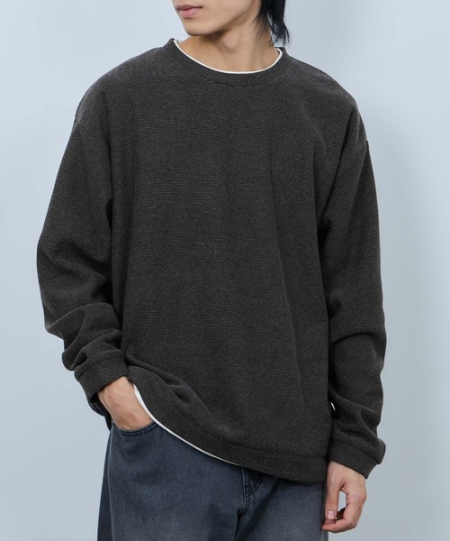 NAVY ハニカム裏起毛 フェイククルーネックトレーナー（Tシャツ
