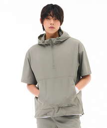共用クールストレッチフード半袖アノラックTシャツ - カーキ