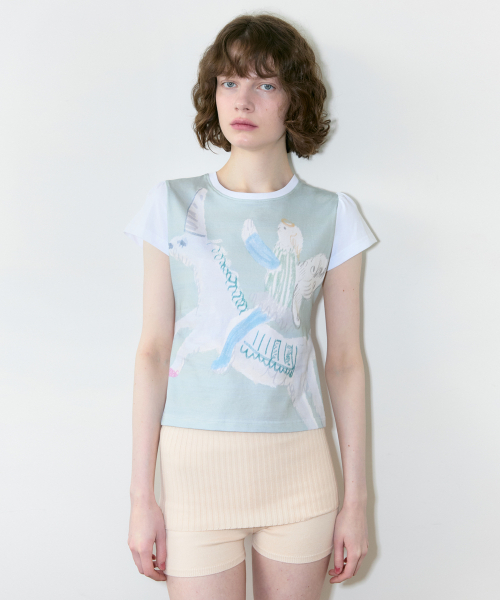 SINOON(シヌーン)の「Color Block Unicorn Puff T-Shirt (Mint)(Tシャツ/カットソー・レディース・ミント・SMALL/MEDIUM)」の1枚目の写真