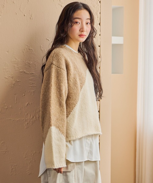 セール】バイカラーアートニットプルオーバー（ニット/セーター