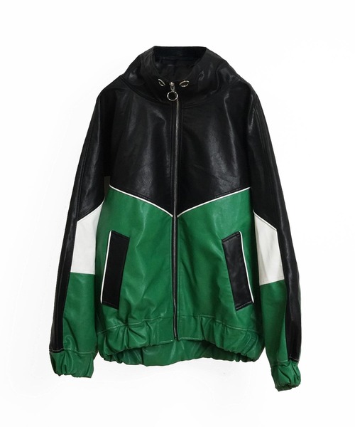 セール】【UNISEX】SYNTH-LETHER PIPING JACKET/シンセティックレザー