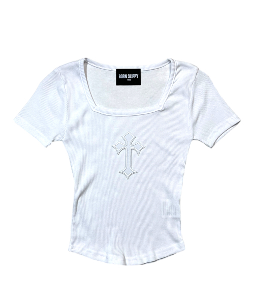 BORN SLIPPY(ボーンスリッピー)の「Cross Square Neck T-shirt (White)(Tシャツ/カットソー・レディース・その他・FREE)」の1枚目の写真