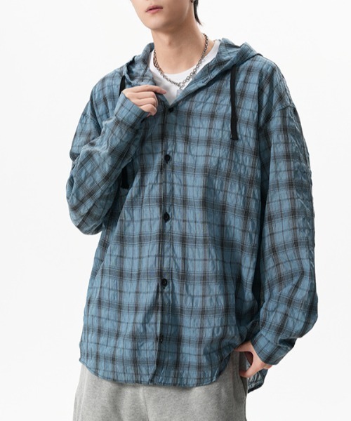 link lot（リンクロット）の「ガーゼ チェック フードシャツ（シャツ/ブラウス・メンズ・ブルー/ホワイト/ブラウン/ダークグレー・M/L）」の13枚目の写真