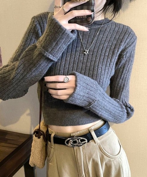 CANVAS+(キャンバスプラス)の「【CANVAS+】クロップド丈リブニットプルオーバー(ニット/セーター・レディース・ブラック/レッド/オフホワイト/グレー・M)」の13枚目の写真