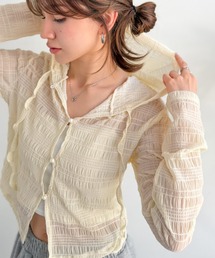 【mily bilet】カジュアルと清楚のドッキング。大人可愛い軽やかな一枚♪フード付き カーディガン風シアートップス