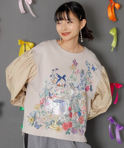 iS ScoLar（イズスカラー）の「553279：アフタヌーンティーパーティー柄プルオーバー（Tシャツ/カットソー・レディース・ブルー/ブラック/アイボリー・M）」の5枚目の写真