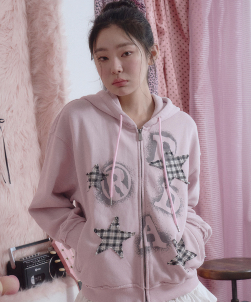 PRDA SPRAY BIG PATCH CHECK STAR HOOD ZIP-UP PINK（パーカー