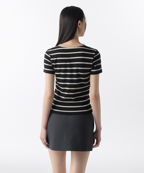 MUSINSA STANDARD WOMAN（ムシンサスタンダードウーマン）の「ウィメンズリブドマルチストライプスリムTシャツ[ブラック]（Tシャツ/カットソー・レディース・その他・SMALL/MEDIUM/X-SMALL/LARGE）」の3枚目の写真