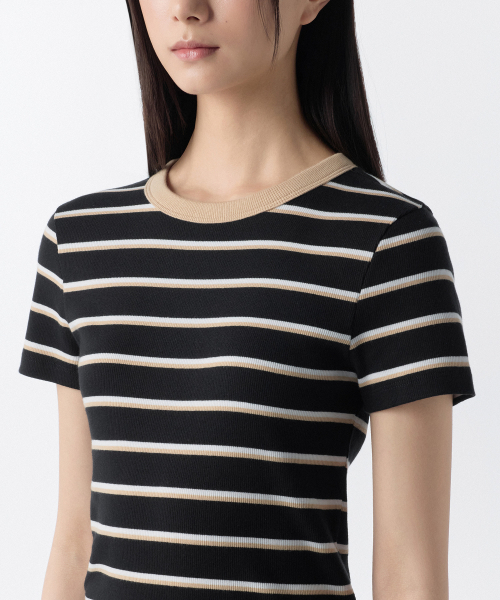 MUSINSA STANDARD WOMAN（ムシンサスタンダードウーマン）の「ウィメンズリブドマルチストライプスリムTシャツ[ブラック]（Tシャツ/カットソー・レディース・その他・SMALL/MEDIUM/X-SMALL/LARGE）」の4枚目の写真