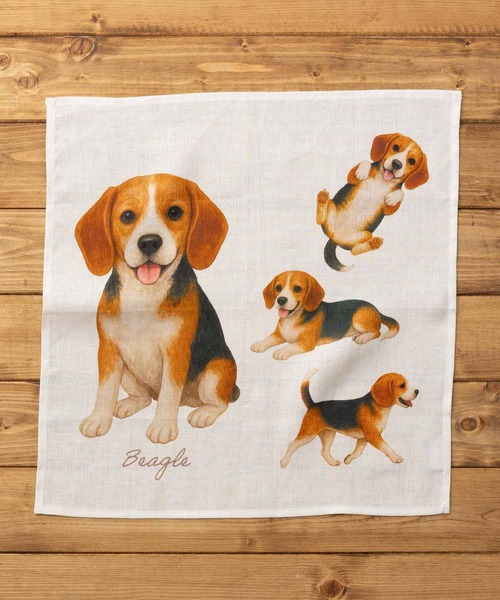 大きめ リネンハンカチ 犬デザイン 43x43cm（ハンカチ/ハンドタオル