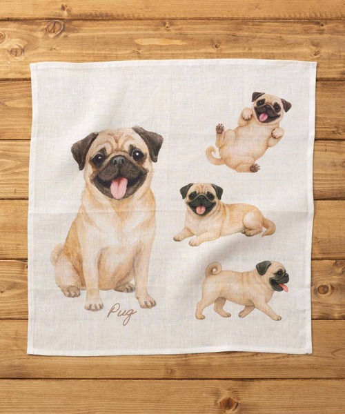 大きめ リネンハンカチ 犬デザイン 43x43cm（ハンカチ/ハンドタオル
