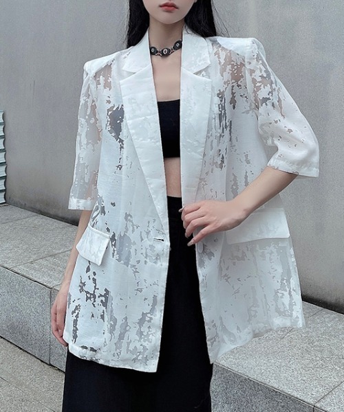 Diosfront(ディオスフロント)の「シアージャガードテーラージャケット(テーラードジャケット・レディース・ホワイト/ブラック・FREE)」の4枚目の写真