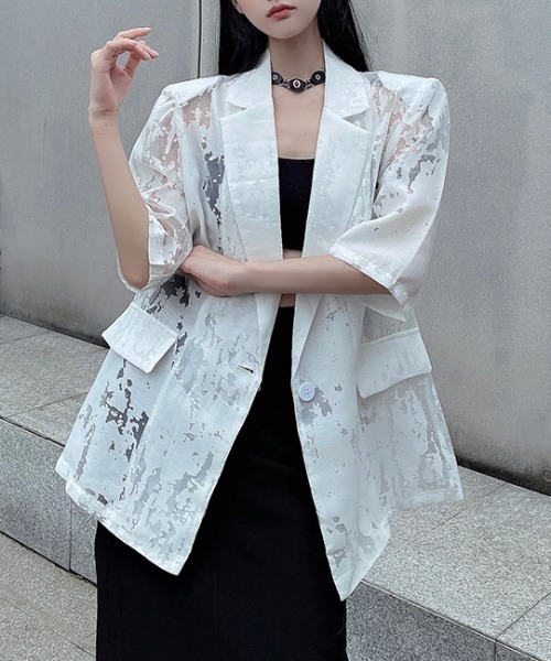 Diosfront(ディオスフロント)の「シアージャガードテーラージャケット(テーラードジャケット・レディース・ホワイト/ブラック・FREE)」の5枚目の写真