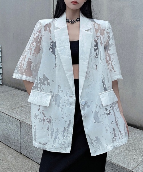 Diosfront(ディオスフロント)の「シアージャガードテーラージャケット(テーラードジャケット・レディース・ホワイト/ブラック・FREE)」の6枚目の写真