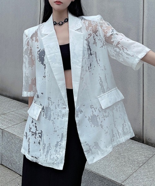 Diosfront(ディオスフロント)の「シアージャガードテーラージャケット(テーラードジャケット・レディース・ホワイト/ブラック・FREE)」の9枚目の写真