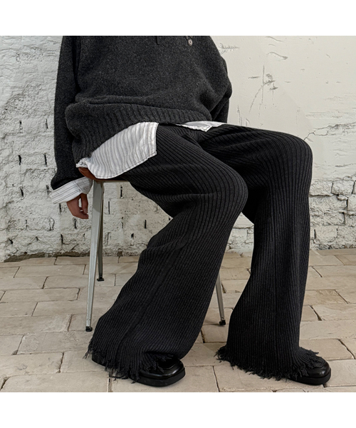 RIBBED DISTRESSED WOOL KNIT PANTS-CHARCOAL 【公式通販】