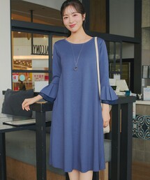 シフォンフレア袖スポンジニットワンピース