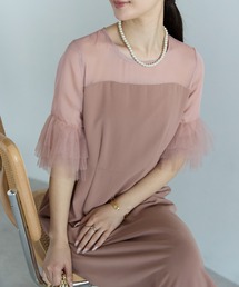 【結婚式・お呼ばれ対応】シアーチュールフリルスリーブ Iライン ロングドレス