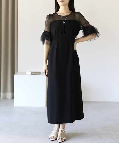 PREFERIR(プレフェリール)の「【結婚式・お呼ばれ対応】シアーチュールフリルスリーブ Iライン ロングドレス(ドレス・レディース・ベージュ/ブラック・SMALL/MEDIUM/LARGE/X-LARGE)」の11枚目の写真