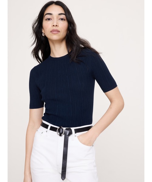 Banana Republic(バナナリパブリック)の「クリンクル ニット トップス(ニット/セーター・レディース・ネイビー/アイボリー・XS/S/M/L)」の1枚目の写真