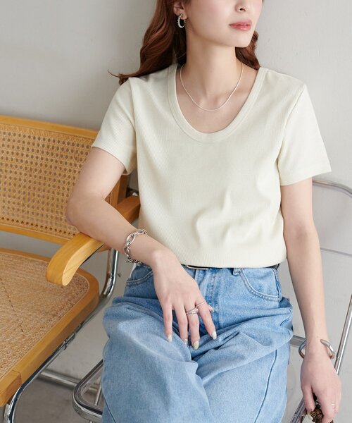DISCOAT（ディスコート）の「【WEB限定】ラメリブコンパクトUネックTシャツ（Tシャツ/カットソー・レディース・グレー/ブルー/ブラック/アイボリー・MEDIUM）」の8枚目の写真