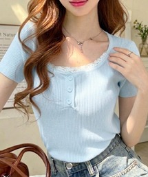 スクエアネック レース付きヘンリーネックTシャツ