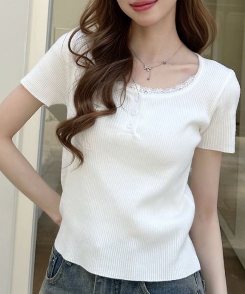 Ada.（エイダ）の「スクエアネック レース付きヘンリーネックTシャツ（Tシャツ/カットソー・レディース・ブラック/ブルー/ホワイト・FREE）」の9枚目の写真