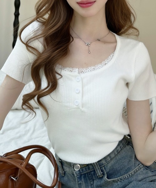 Ada.（エイダ）の「スクエアネック レース付きヘンリーネックTシャツ（Tシャツ/カットソー・レディース・ブラック/ブルー/ホワイト・FREE）」の11枚目の写真