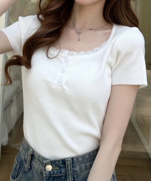 Ada.（エイダ）の「スクエアネック レース付きヘンリーネックTシャツ（Tシャツ/カットソー・レディース・ブラック/ブルー/ホワイト・FREE）」の8枚目の写真