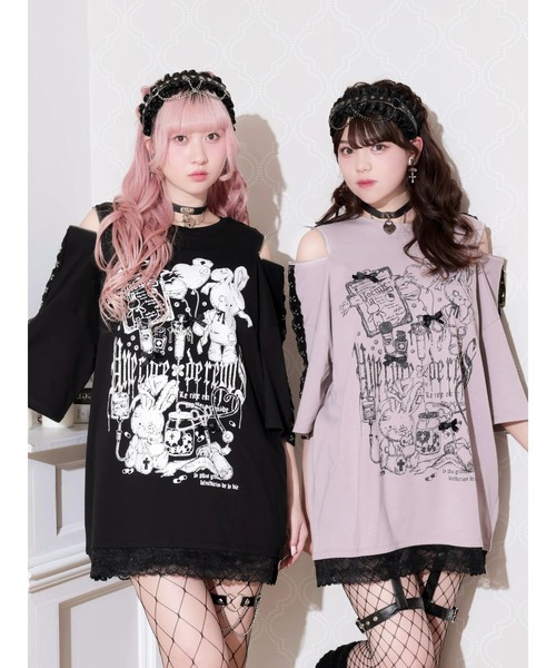 NOEMIE（ノエミー）の「病みうさレースホック肩ジップTシャツ（Tシャツ/カットソー・レディース・ブラック/ピンク・M）」の3枚目の写真