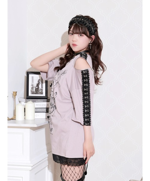 NOEMIE（ノエミー）の「病みうさレースホック肩ジップTシャツ（Tシャツ/カットソー・レディース・ブラック/ピンク・M）」の4枚目の写真