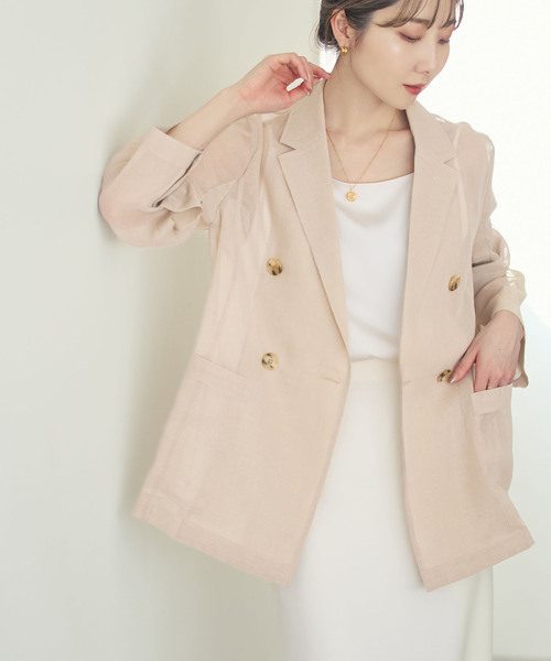 Noble(ノーブル)の「《追加・新色》スリットスリーブシアージャケット(テーラードジャケット・レディース・ベージュ/ブラック/サックスブルー・36/38)」の2枚目の写真