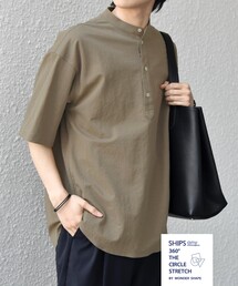 SHIPS any:〈接触冷感/ストレッチ〉360° THE CIRCLE STRETCH リネン ミックス バンドカラー プルオーバー シャツ(セットアップ対応)◇