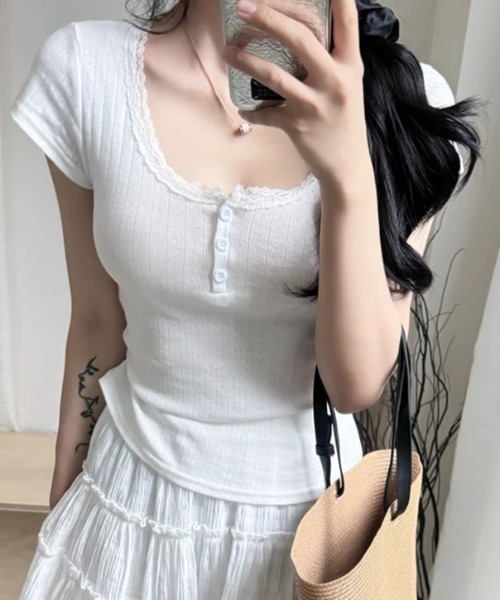 Teem Store(チームストア)の「レースヘンリーネックTシャツ(Tシャツ/カットソー・レディース・アイボリー/ホワイト・M/S)」の13枚目の写真