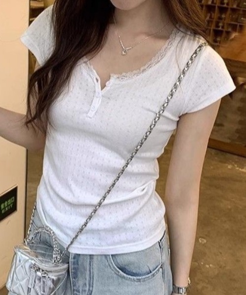 Teem Store(チームストア)の「レースヘンリーネックTシャツ(Tシャツ/カットソー・レディース・アイボリー/ホワイト・M/S)」の12枚目の写真