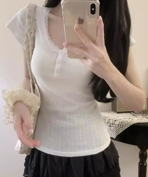 Teem Store(チームストア)の「レースヘンリーネックTシャツ(Tシャツ/カットソー・レディース・アイボリー/ホワイト・M/S)」の4枚目の写真