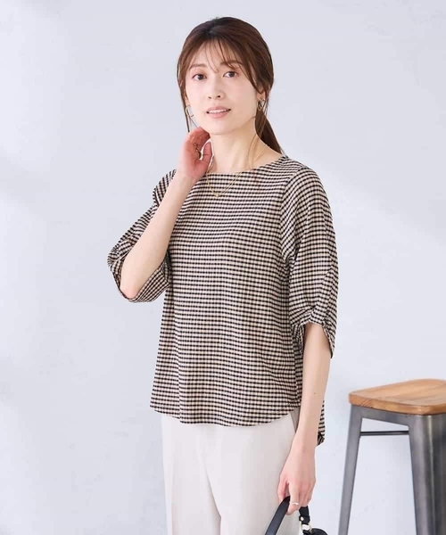 a.v.v（アーヴェヴェ）の「ボーダー楊柳袖デザインカットソー（Tシャツ/カットソー・レディース・ライトピンク/ネイビー/アイボリー・38/40）」の3枚目の写真
