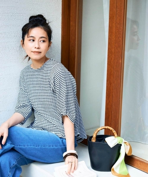 a.v.v（アーヴェヴェ）の「ボーダー楊柳袖デザインカットソー（Tシャツ/カットソー・レディース・ライトピンク/ネイビー/アイボリー・38/40）」の13枚目の写真