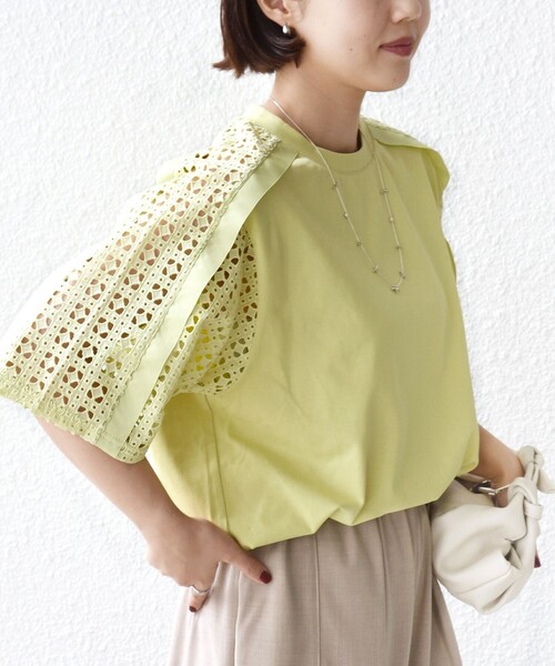 WEB限定】〈手洗い可能〉レース コンビ ショート スリーブ カットソー