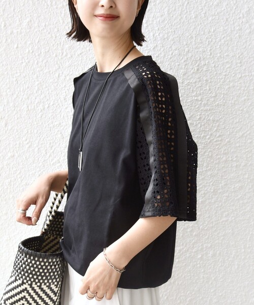 WEB限定】〈手洗い可能〉レース コンビ ショート スリーブ カットソー