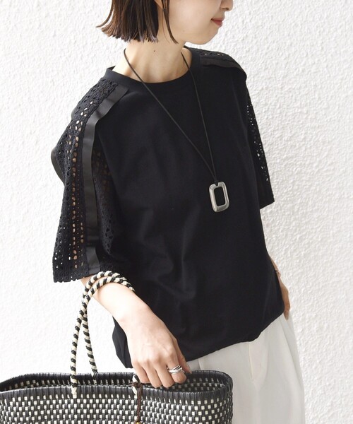 WEB限定】〈手洗い可能〉レース コンビ ショート スリーブ カットソー