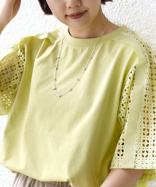 WEB限定】〈手洗い可能〉レース コンビ ショート スリーブ カットソー