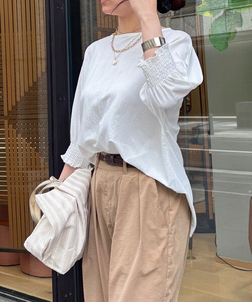un dix cors（アンディコール）の「接触冷感シャーリング袖プルオーバー（Tシャツ/カットソー・レディース・オレンジ/オフホワイト/ブルー/ブラック・FREE）」の6枚目の写真